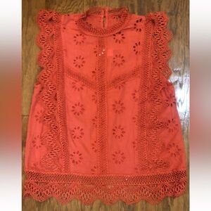 entro Rust Red Orange Lace Eyelet Flutter Sleeve Blouse Top NWT